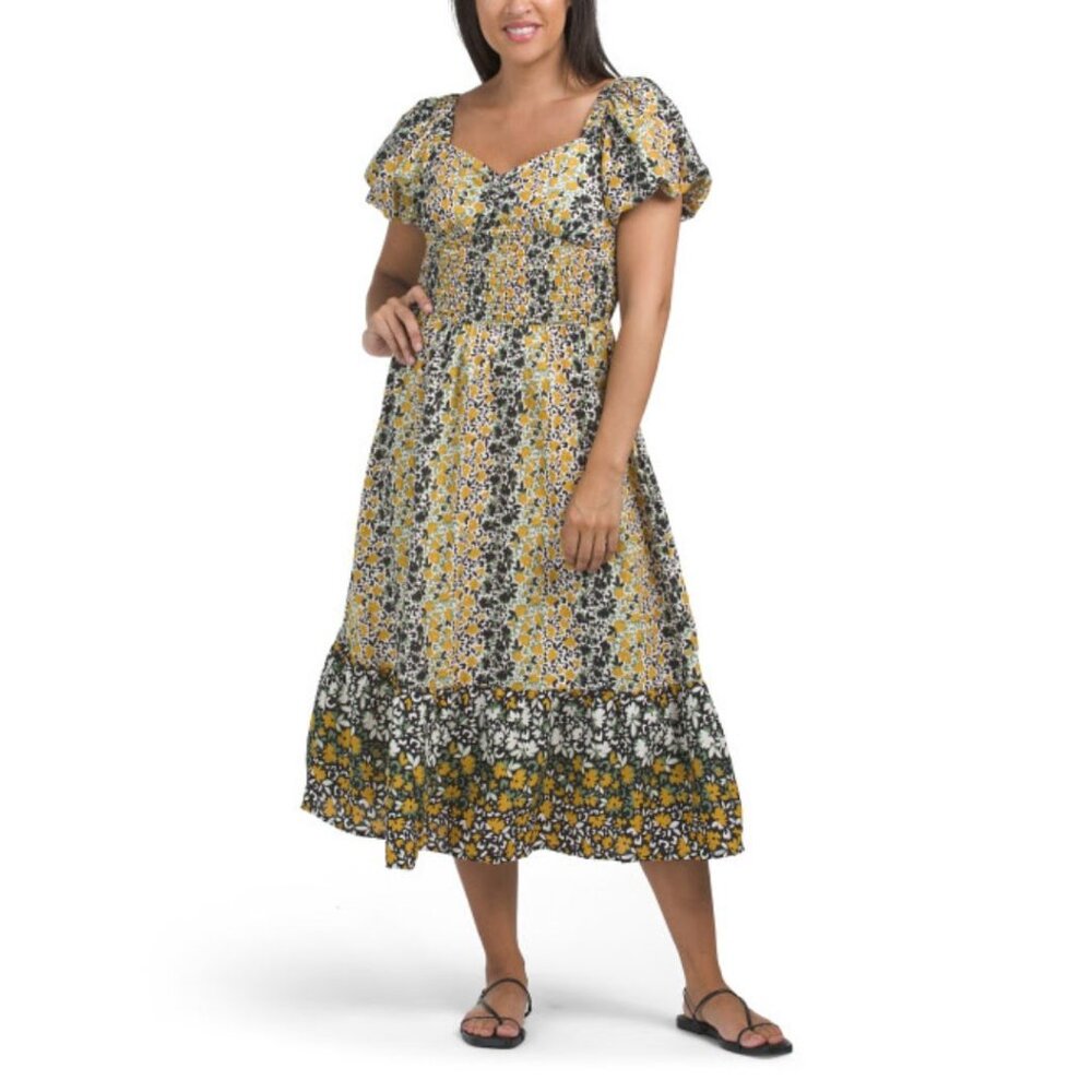US TOGETHER Poppy Black/Yellow Puff Sleeve Sweetheart Midi Dress Floral Women XL